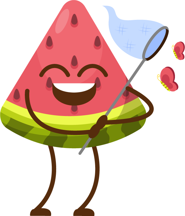 watermelon fruit cartoon mascot fun character enjoying butterflies in a bright garden