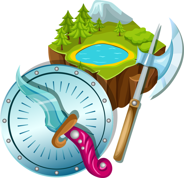 weapon game landscapes illustration featuring vibrant terrain and striking battle tools