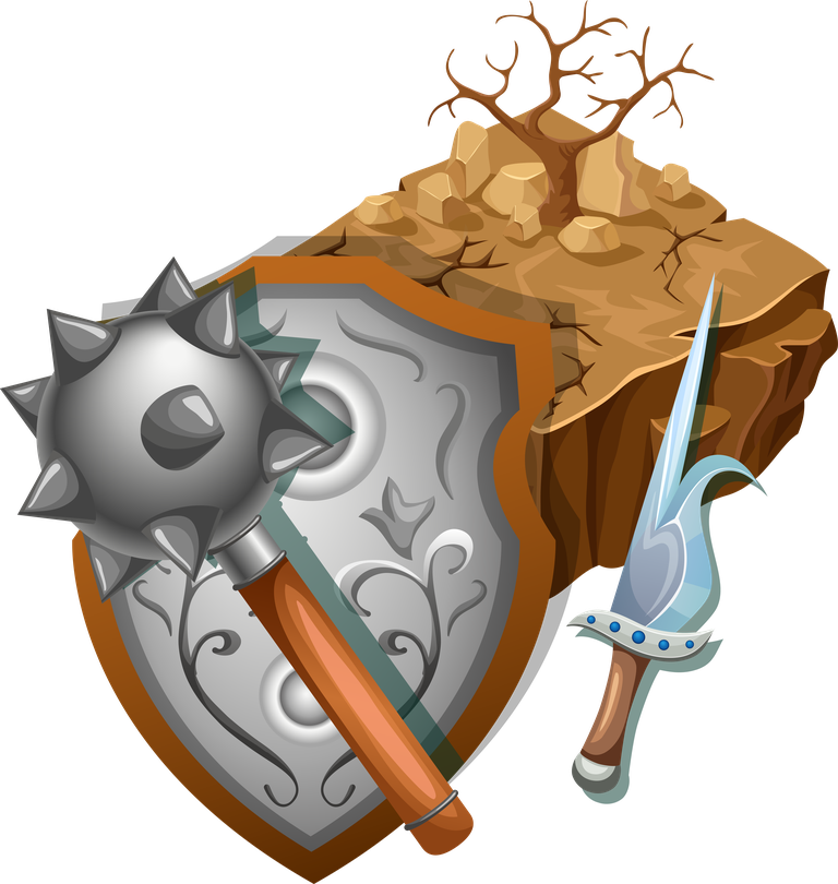 weapon game landscapes illustration featuring a shield and melee weapons in a fantasy setting