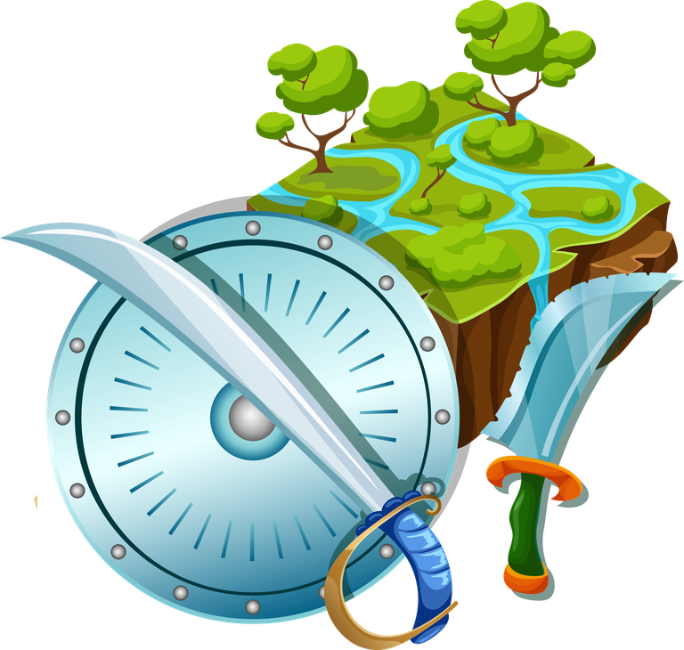 weapon game landscapes illustration featuring swords and shields in a vibrant fantasy world