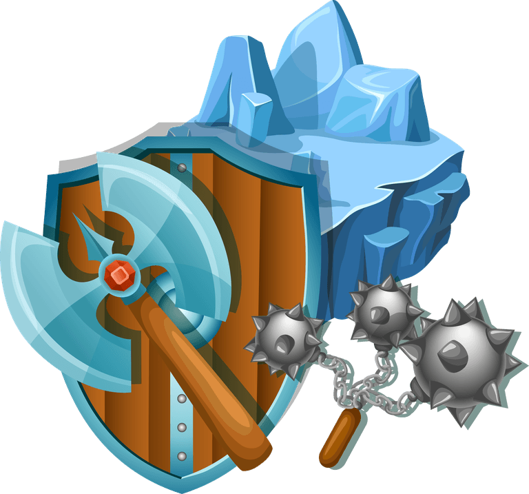 weapon game landscapes illustration featuring icy terrain, shields, and battle axes for immersive gameplay