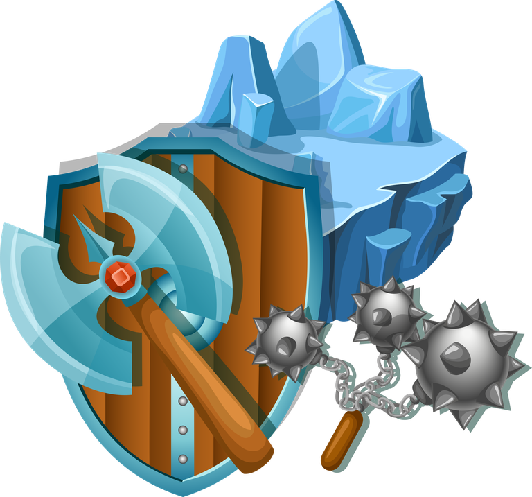 weapon game landscapes illustration featuring icy terrain, shields, and battle axes for immersive gameplay
