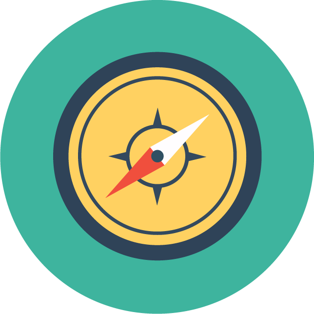 web technology development icons featuring a compass for navigation and guidance tools