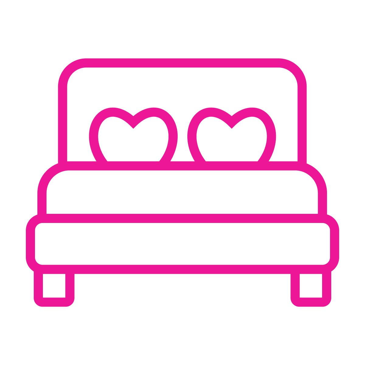 flat line art icon of a bed with heart-shaped pillows, symbolizing love