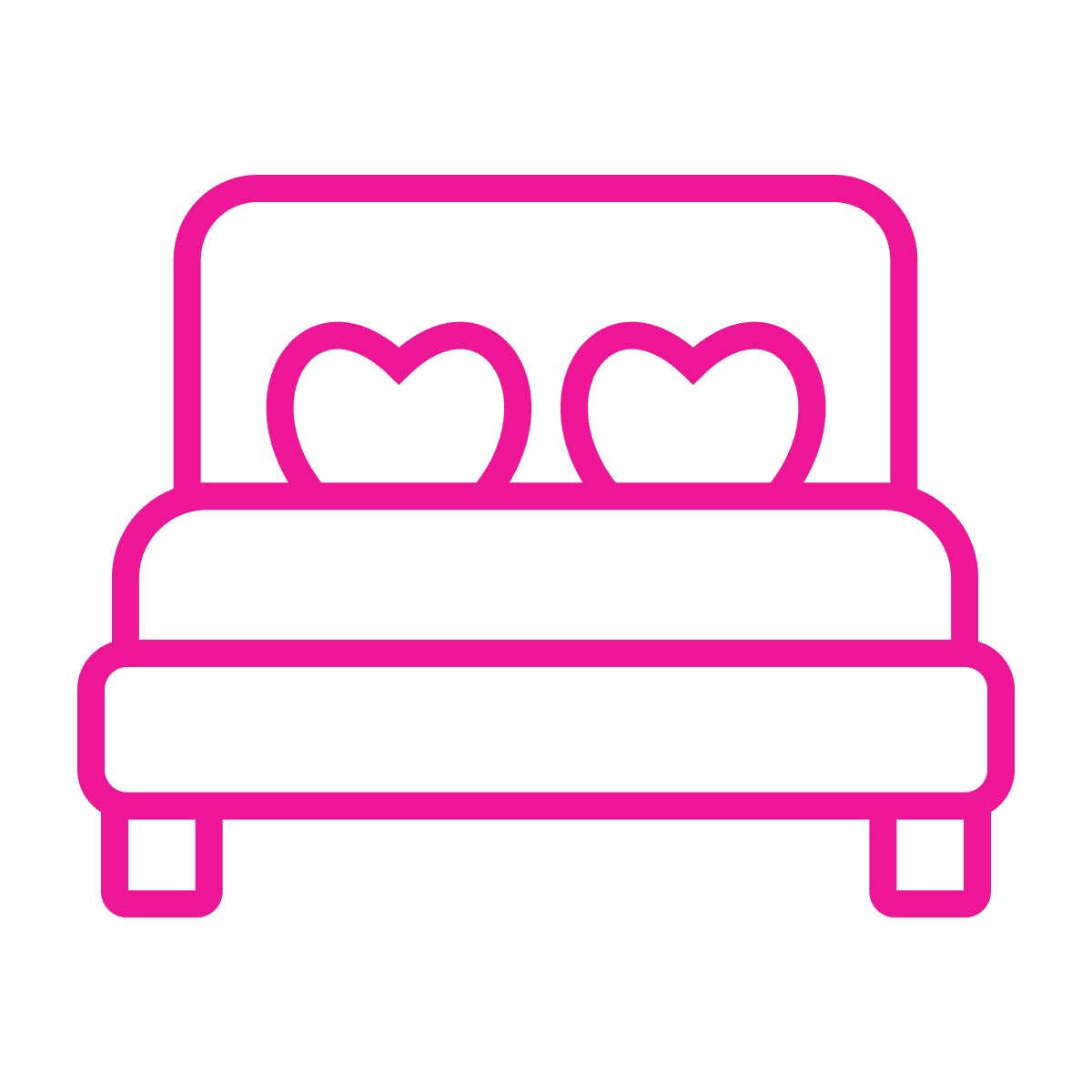 flat line art icon of a bed with heart-shaped pillows, symbolizing love
