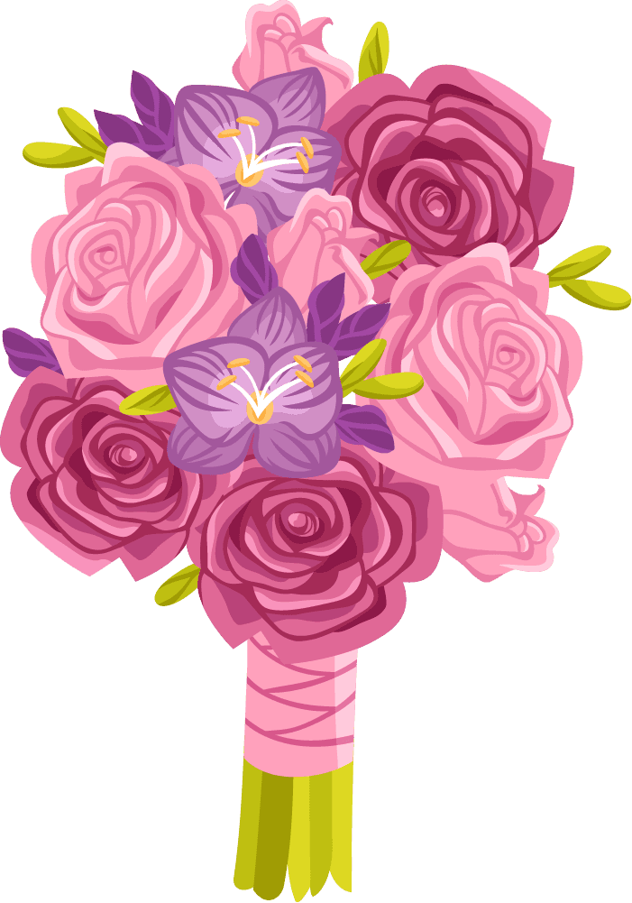 beautiful wedding bouquet and wedding flower arrangement in pink and purple hues