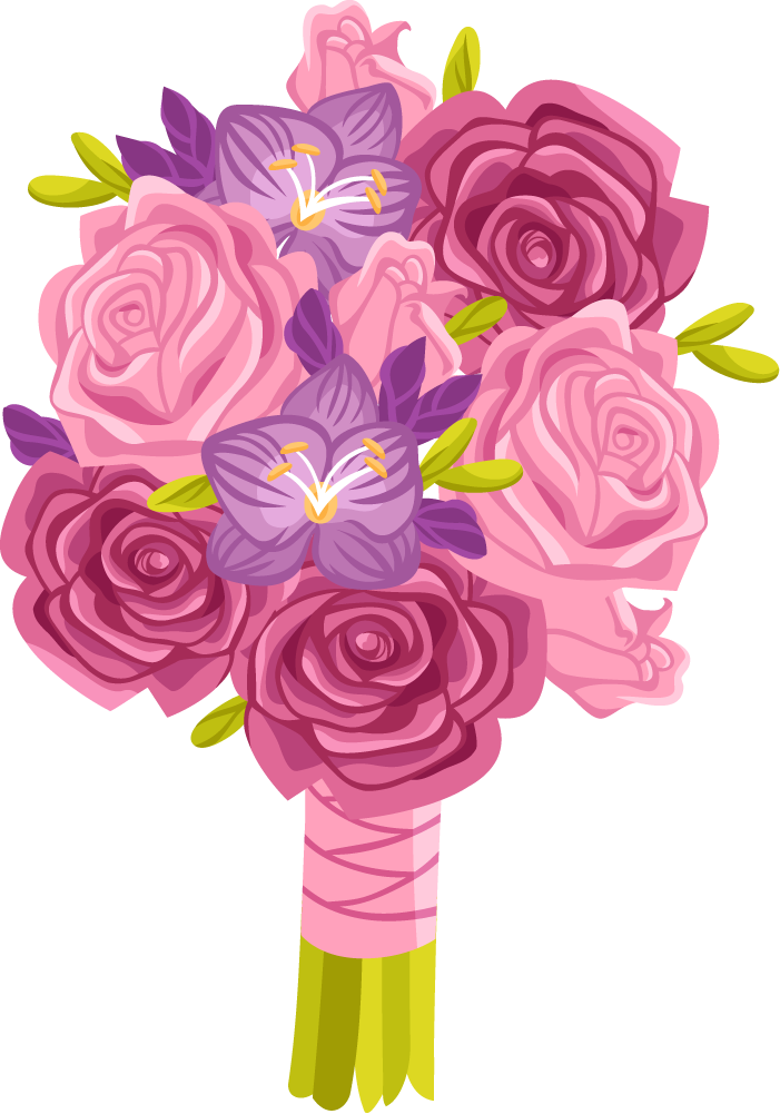 beautiful wedding bouquet and wedding flower arrangement in pink and purple hues