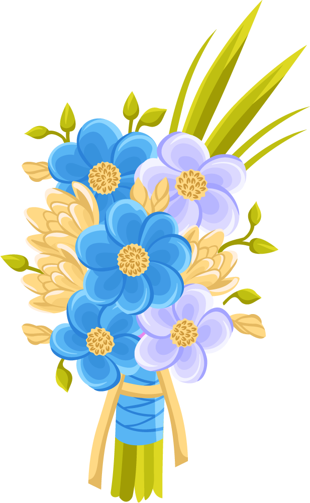 beautiful wedding bouquet and wedding flower arrangement with blue blooms and greenery