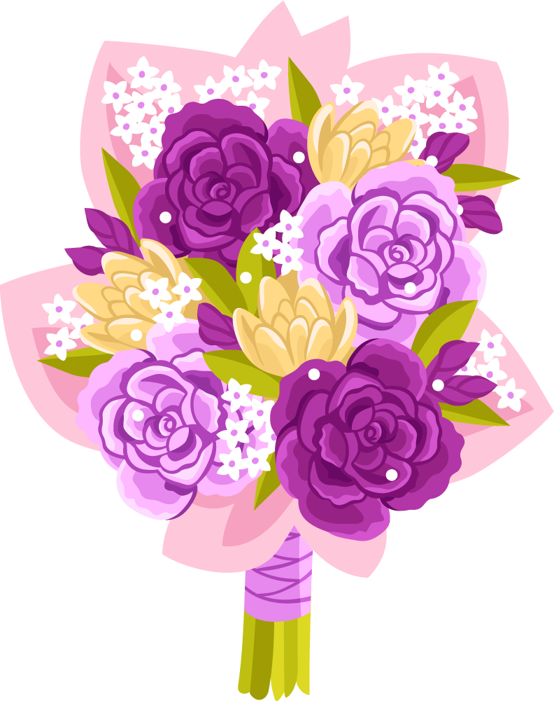 beautiful wedding bouquet and wedding flower arrangement in purple and white shades