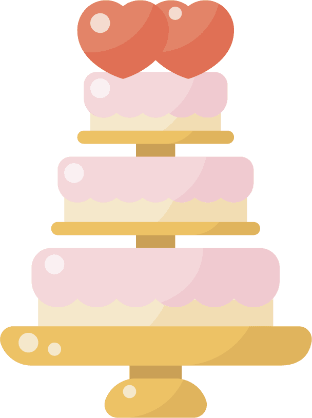 wedding collection with cute illustrations featuring a colorful cake topped with hearts