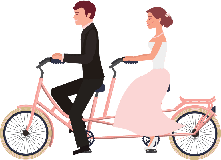 wedding couple married icons riding a tandem bicycle for joyful celebration moments