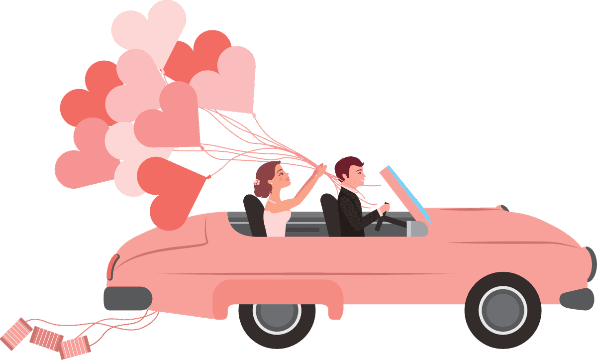 wedding couple married icons celebrating love in a classic car with heart balloons