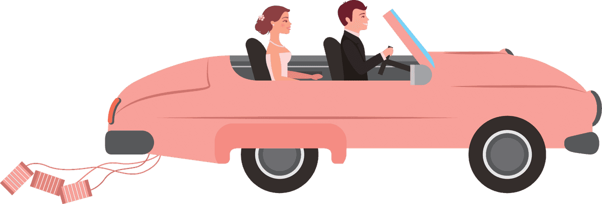 wedding couple married icons driving in a pink car with a ribbon trail