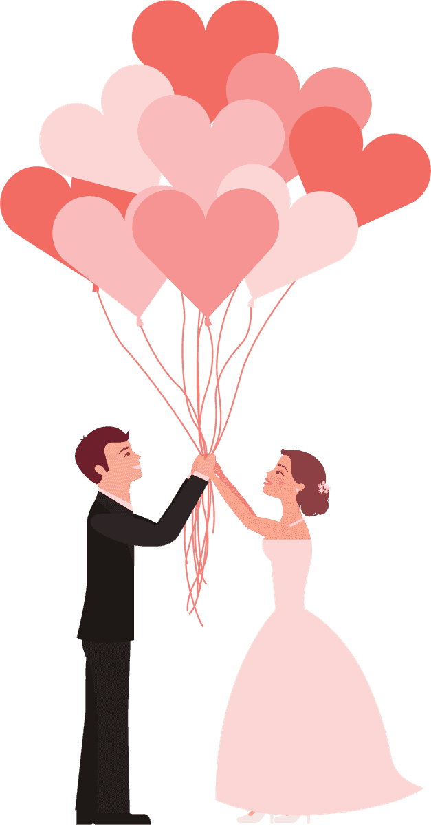 wedding couple married icons holding heart balloons for romantic celebrations