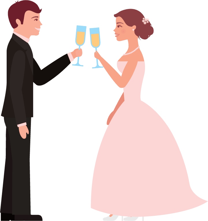 wedding couple married icons celebrating with champagne flutes for invitations and decor