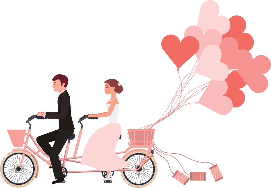 wedding couple married icons celebrating love on a bicycle with heart balloons