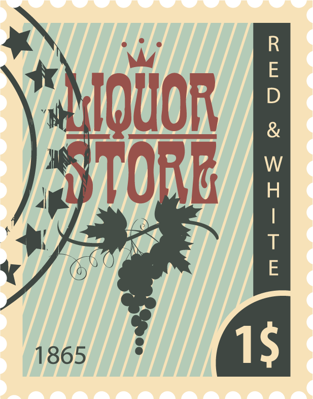 wine postal stamps template vector featuring vintage liquor store style for branding and packaging