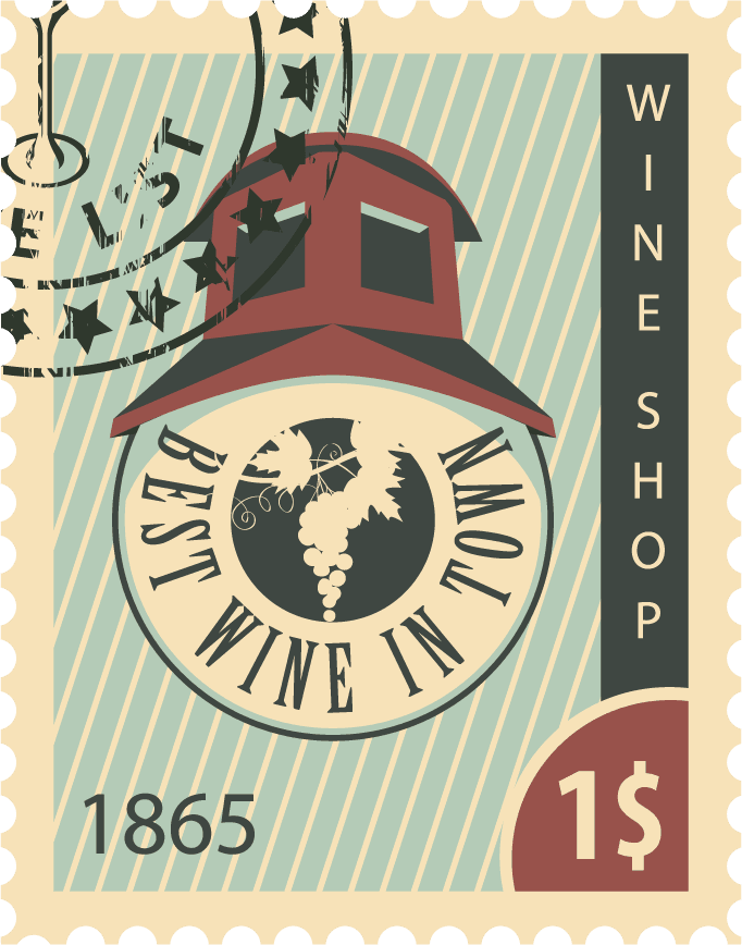 wine postal stamps template vector featuring a vintage wine shop aesthetic for branding and promotions