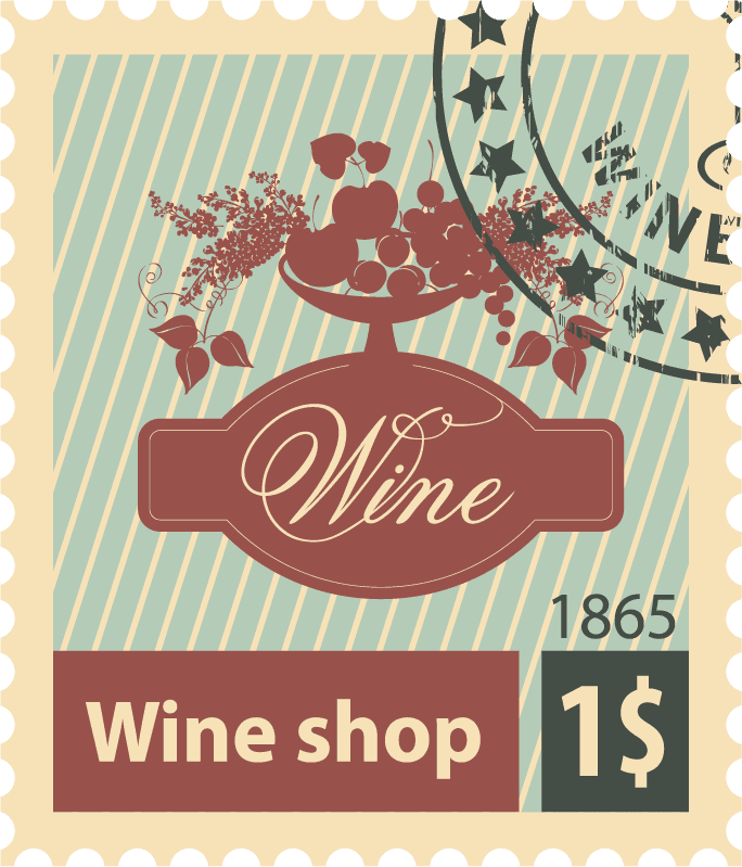 wine postal stamps template vector featuring vintage fruit basket design for wine shop branding