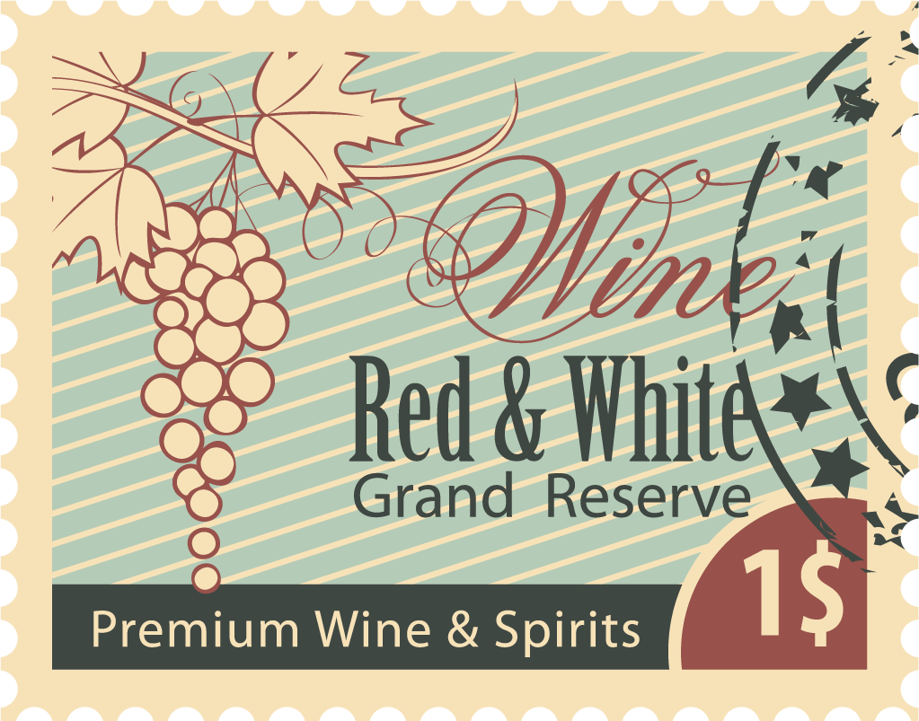 wine postal stamps template vector featuring red and white grand reserve for premium spirits