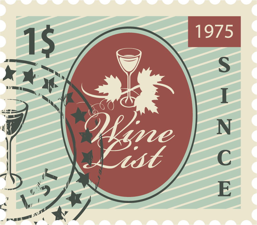 wine postal stamps template vector featuring vintage style with wine glass and grape leaves