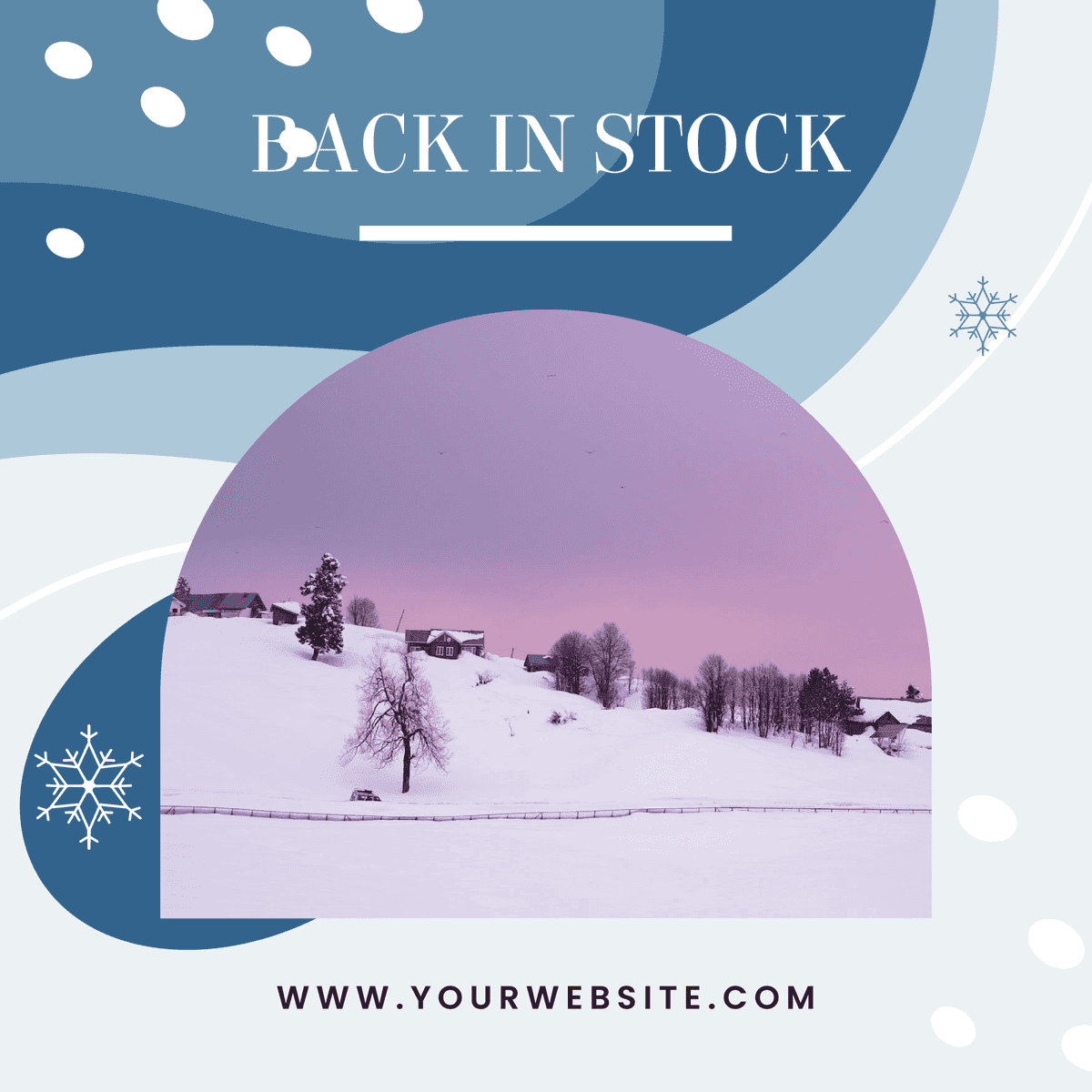blue pixelated template for back in stock winter snow scene online store announcement