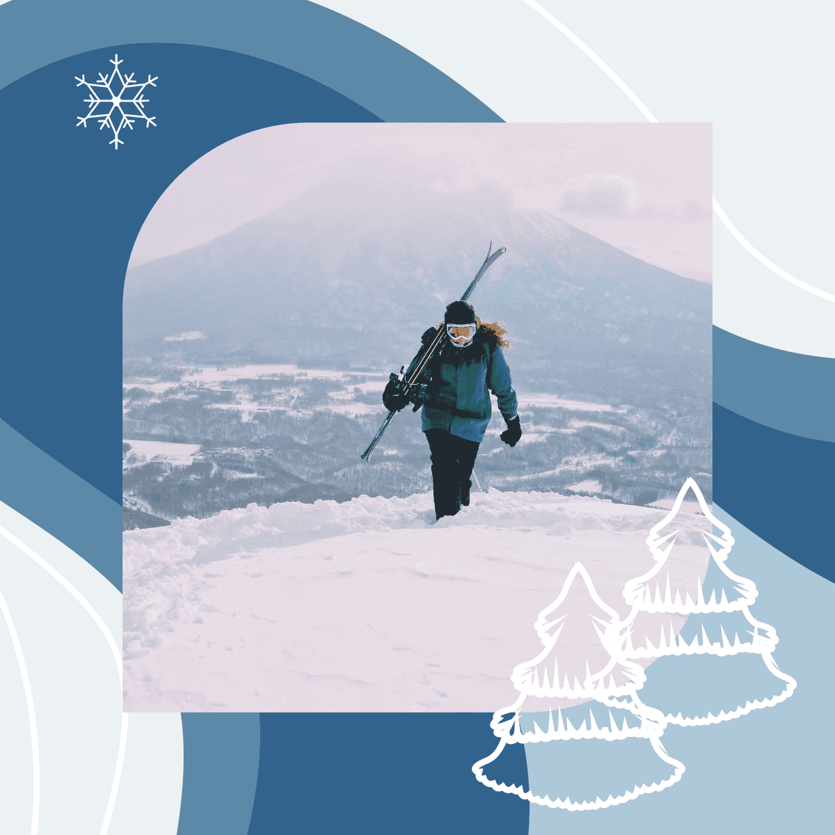 blue pixelated template for winter holiday travel and outdoor adventure with snow scene