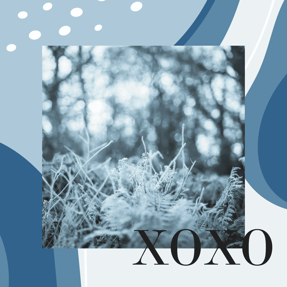 blue pixelated template with frosty winter scene and oxox text for seasonal greetings