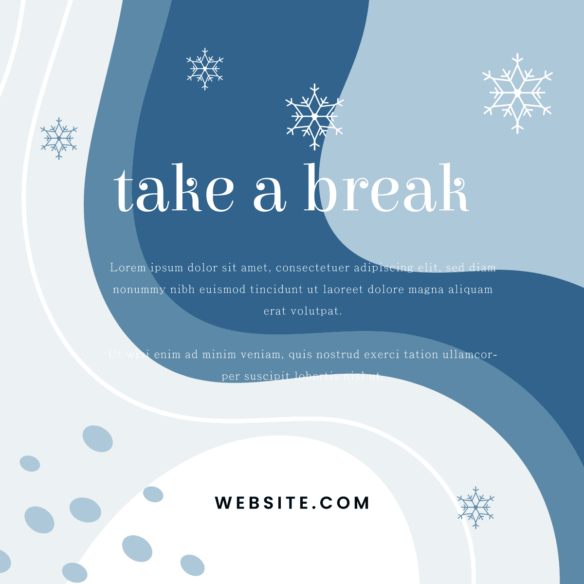 blue pixelated template for winter take a break message with website address and snowflakes