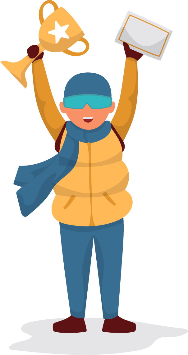 winter sport equipment sticker set featuring a joyful athlete with a trophy and certificate
