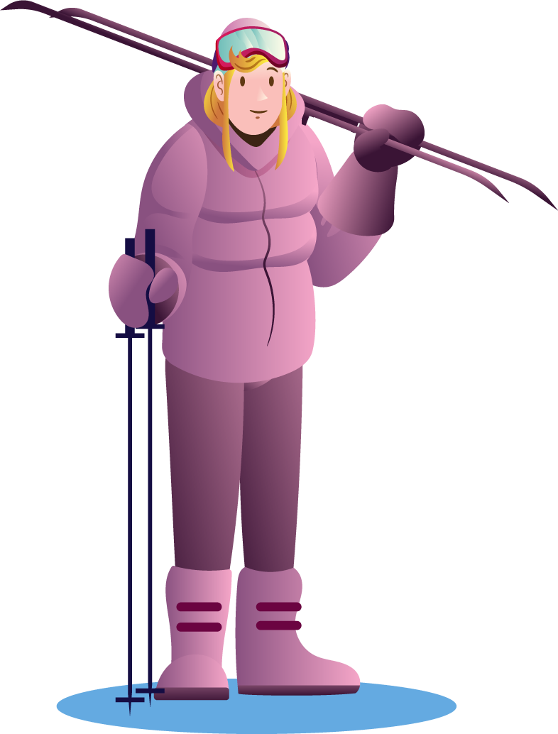 winter sport equipment sticker set featuring a trendy female skier ready to hit the slopes