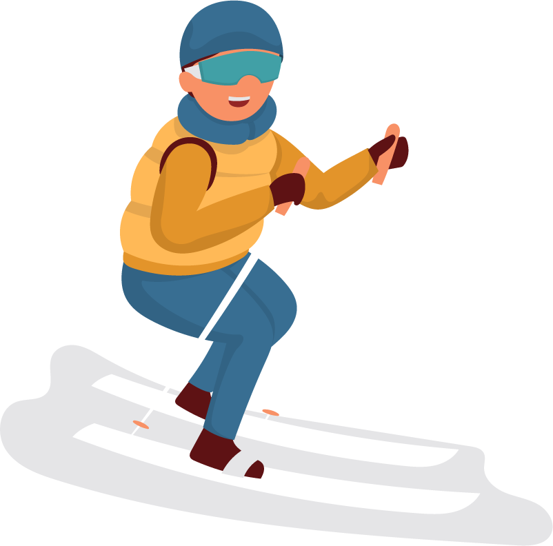 winter sport equipment sticker set featuring cheerful skier in action on snowy slopes