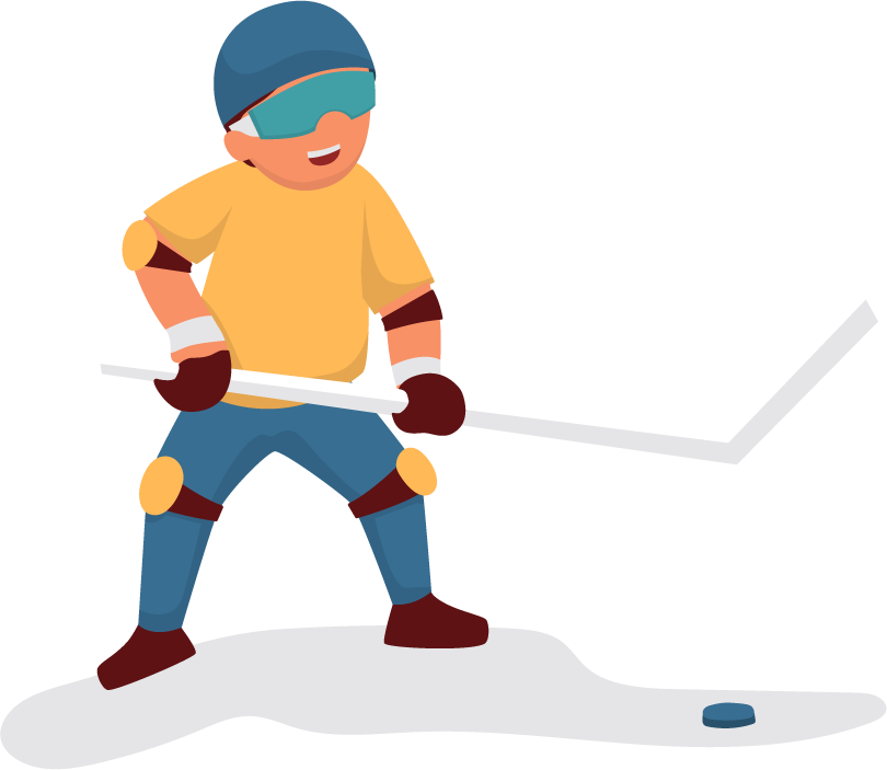 winter sport equipment sticker set featuring a cheerful hockey player on ice