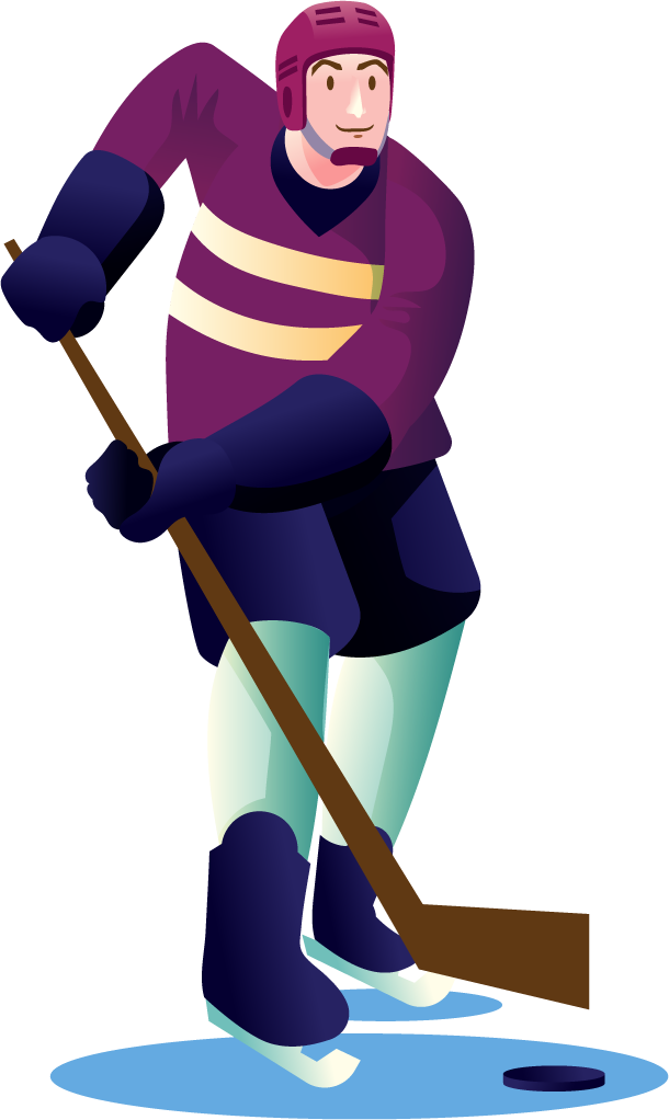 winter sport equipment sticker set featuring a dynamic hockey player on ice