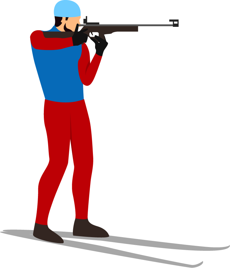 flat winter sports illustration featuring a skier aiming a rifle in a snowy landscape