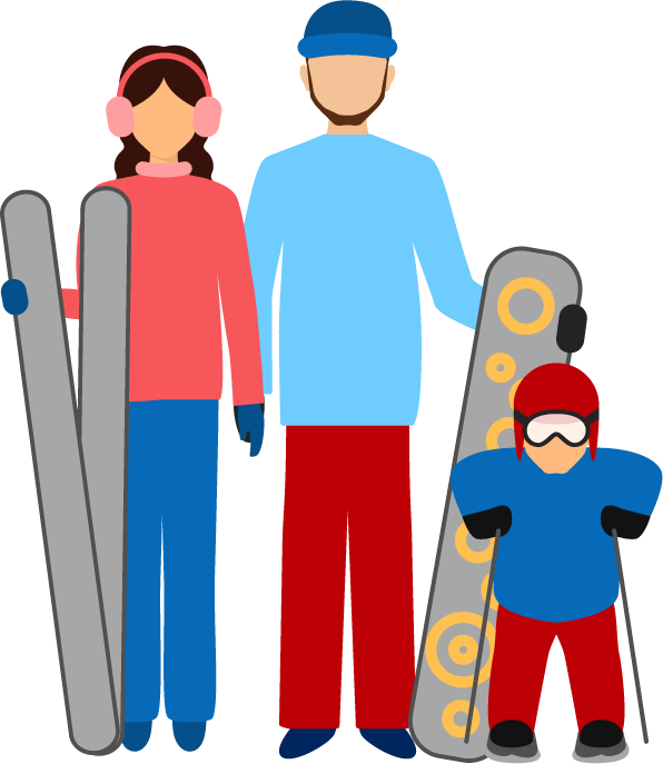 flat winter sports illustration of a fun family skiing together in a snowy landscape