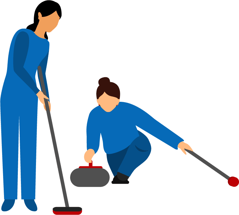 flat winter sports illustration of curling players in vibrant blue attire