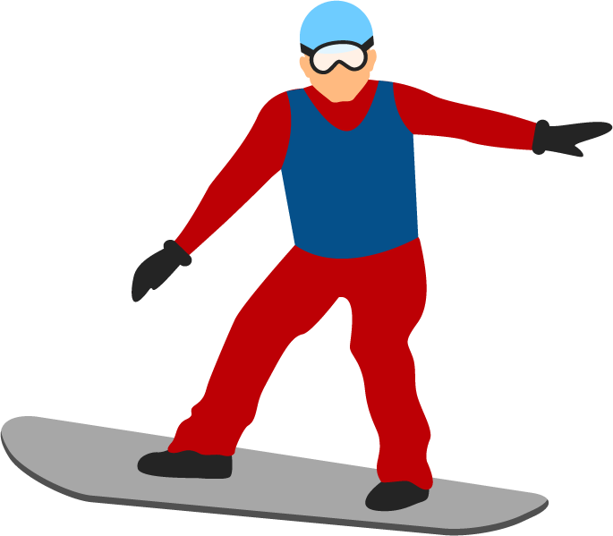 flat winter sports illustration featuring a snowboarder in vibrant attire on a snowy slope