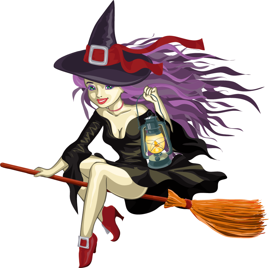 witch cartoon witch vector flying with a lantern in a spooky night sky