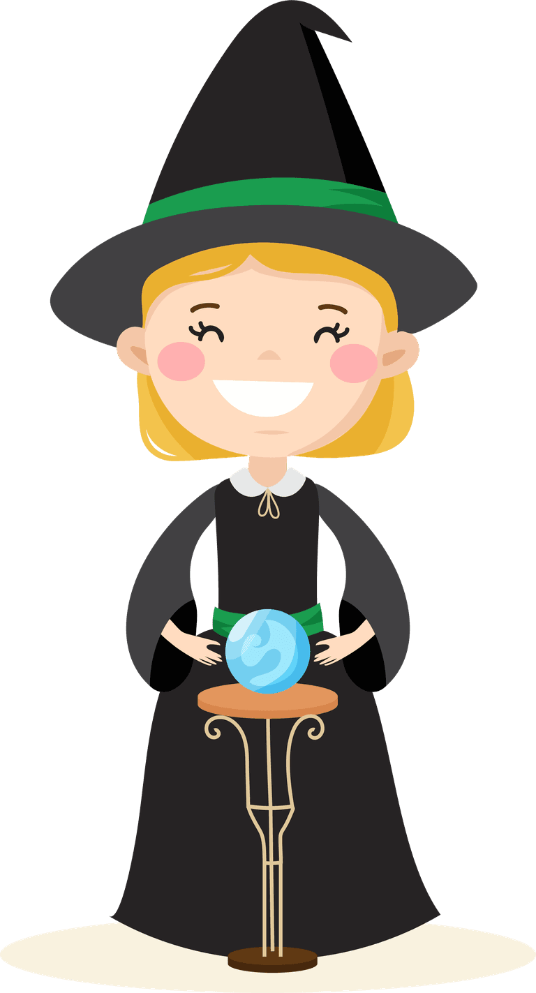 witch set fairytale characters with a cheerful fortune teller and crystal ball