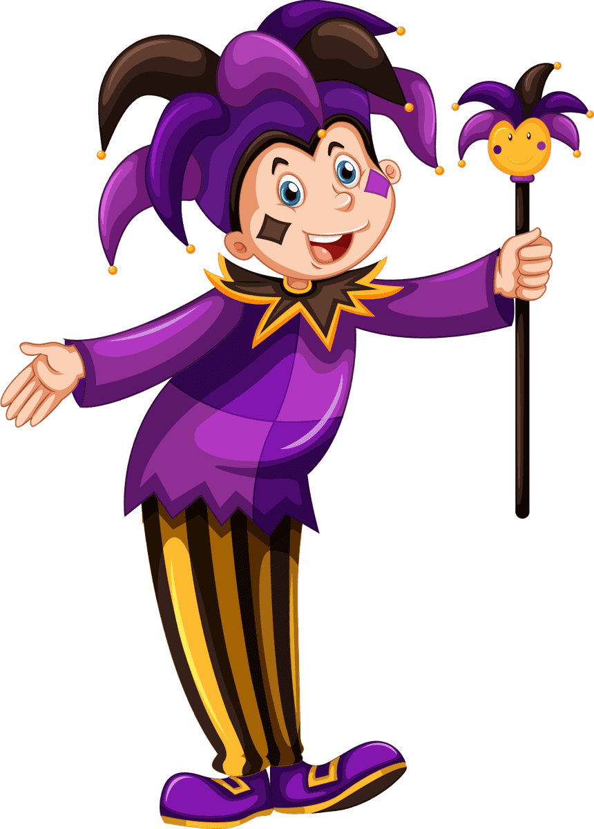 witch set medieval character with playful jester in vibrant costume for fantasy themes