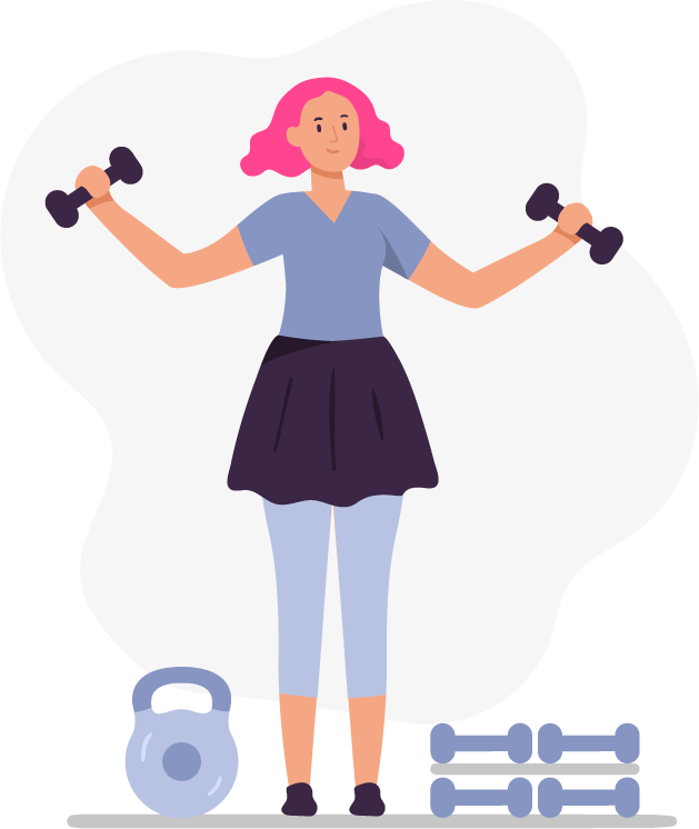 woman sport activities illustration featuring fitness exercises with dumbbells and kettlebell