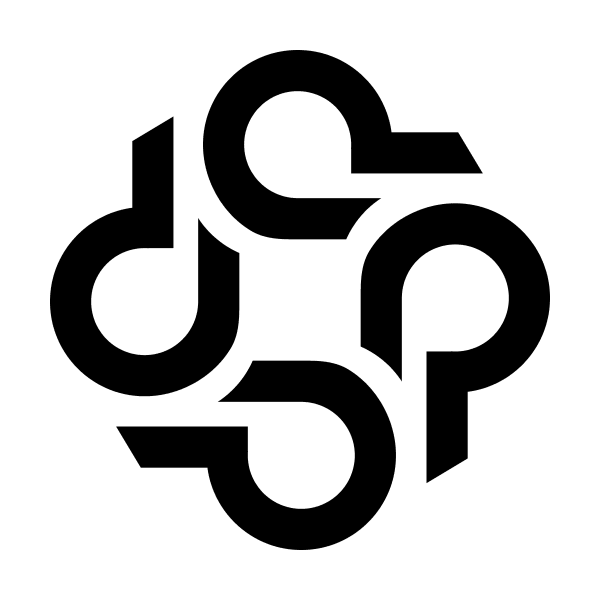 abstract flat logo featuring four stylized black letter p or hook shapes symmetrically arranged