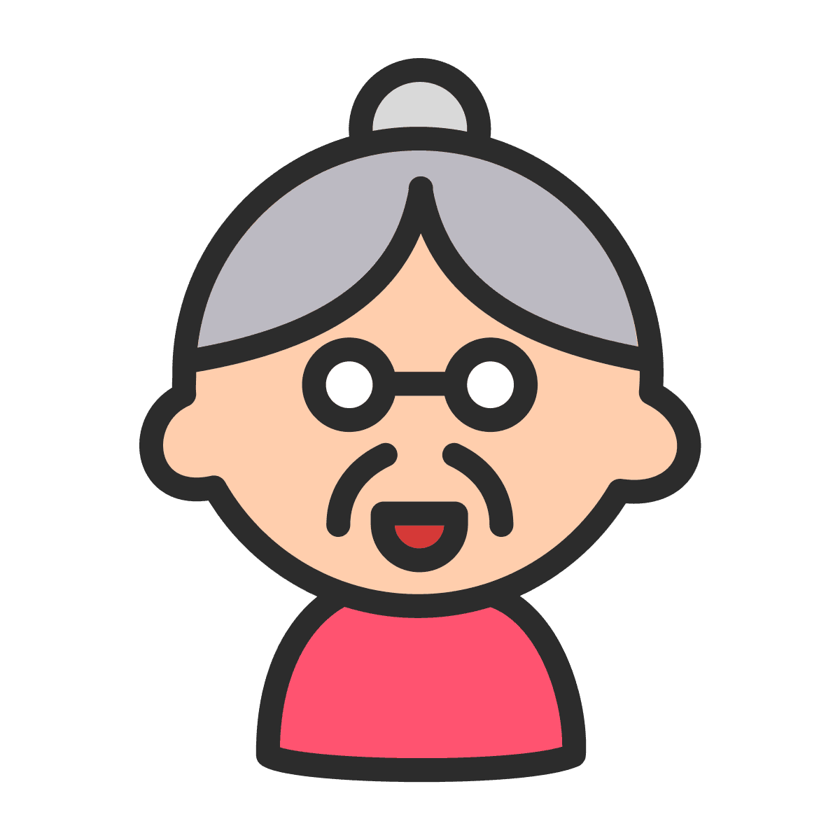 cute line art elderly woman icon in a cheerful, friendly cartoon style