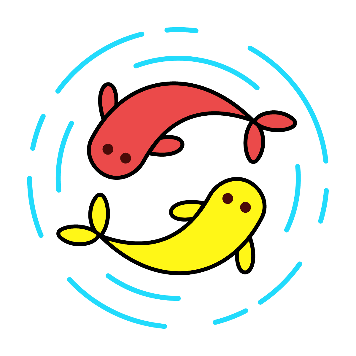 playful line art fish icon in vibrant primary colors