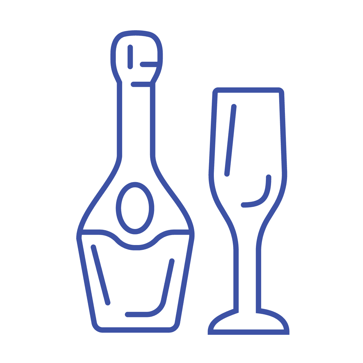 sleek minimal blue champagne bottle and flute line art icon