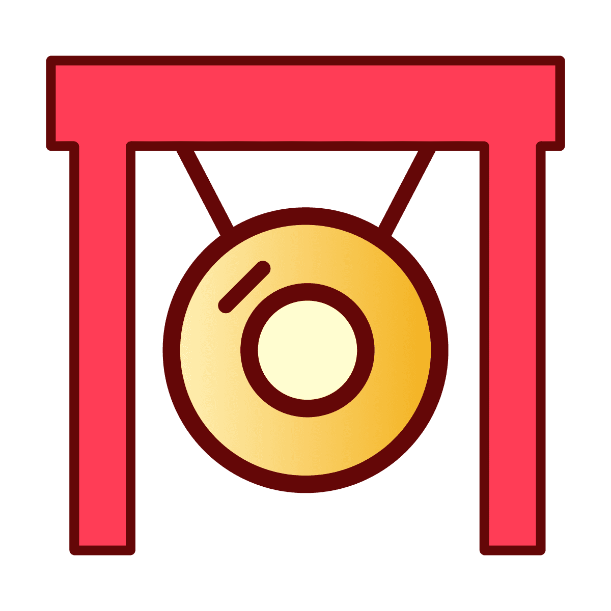 cheerful bold line art gong icon with vibrant red and gold