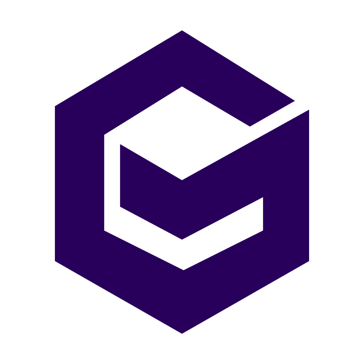 flat purple letter g logo with an angled style in a hexagon