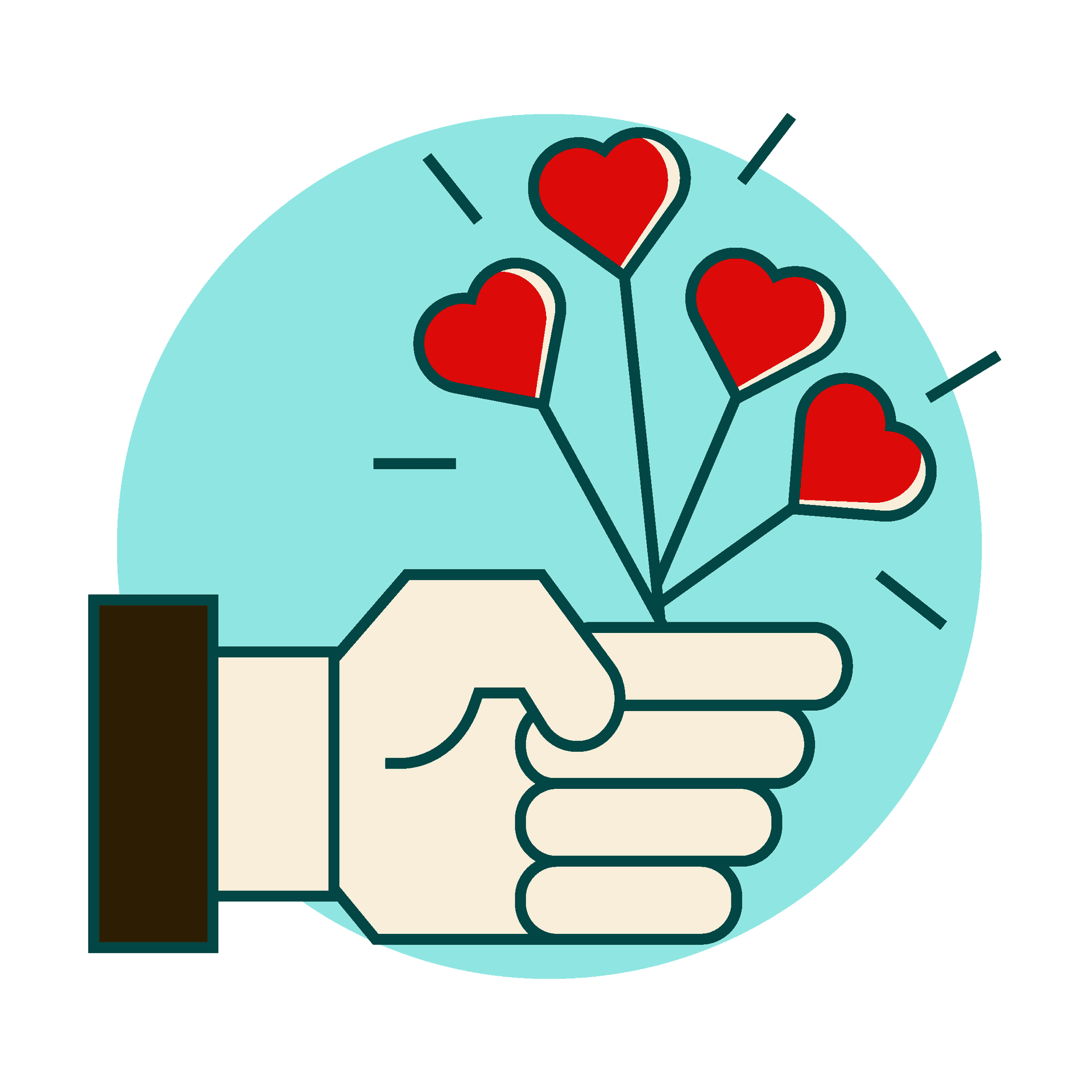 playful line art hand with heart bouquet icon for love themes