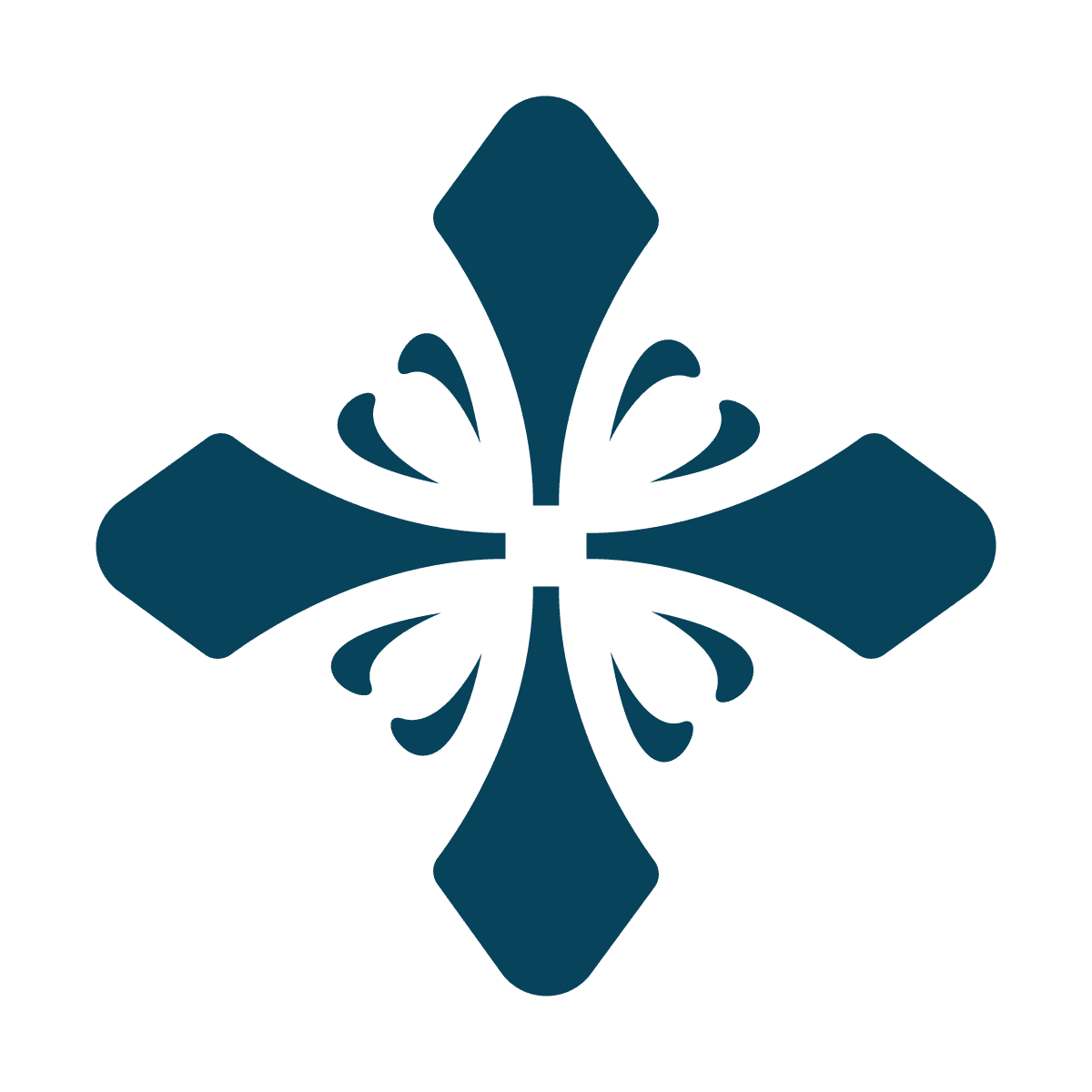 isolated stylized blue symmetrical cross element with floral flourishes for ornamental use